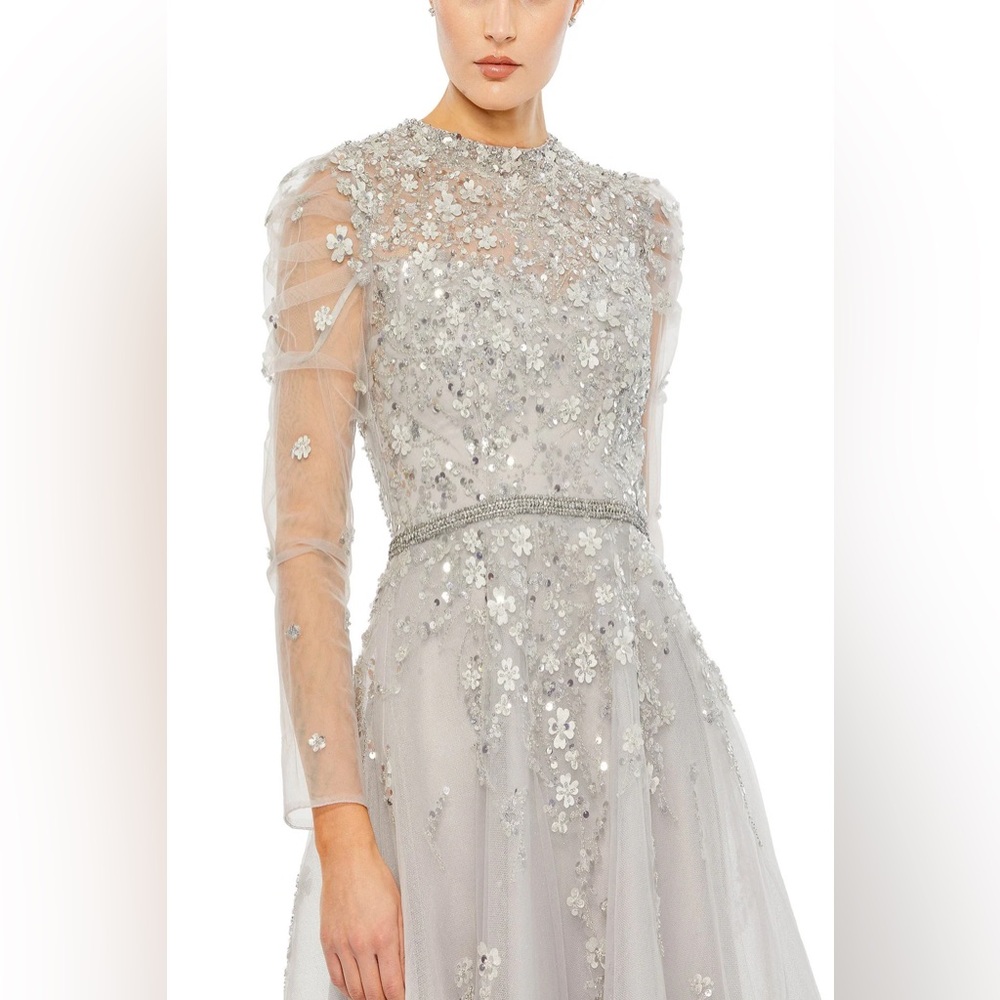 MAC DUGGAL 3D Floral Appliqué Midi Tea Dress In Silver Grey, NWT, MSRP$798.00
